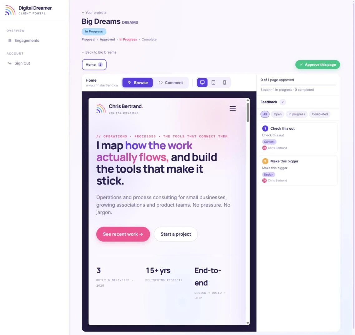 The design review screen showing a shared web page with a feedback panel beside it listing two comments, and controls to switch between desktop, tablet and mobile views.